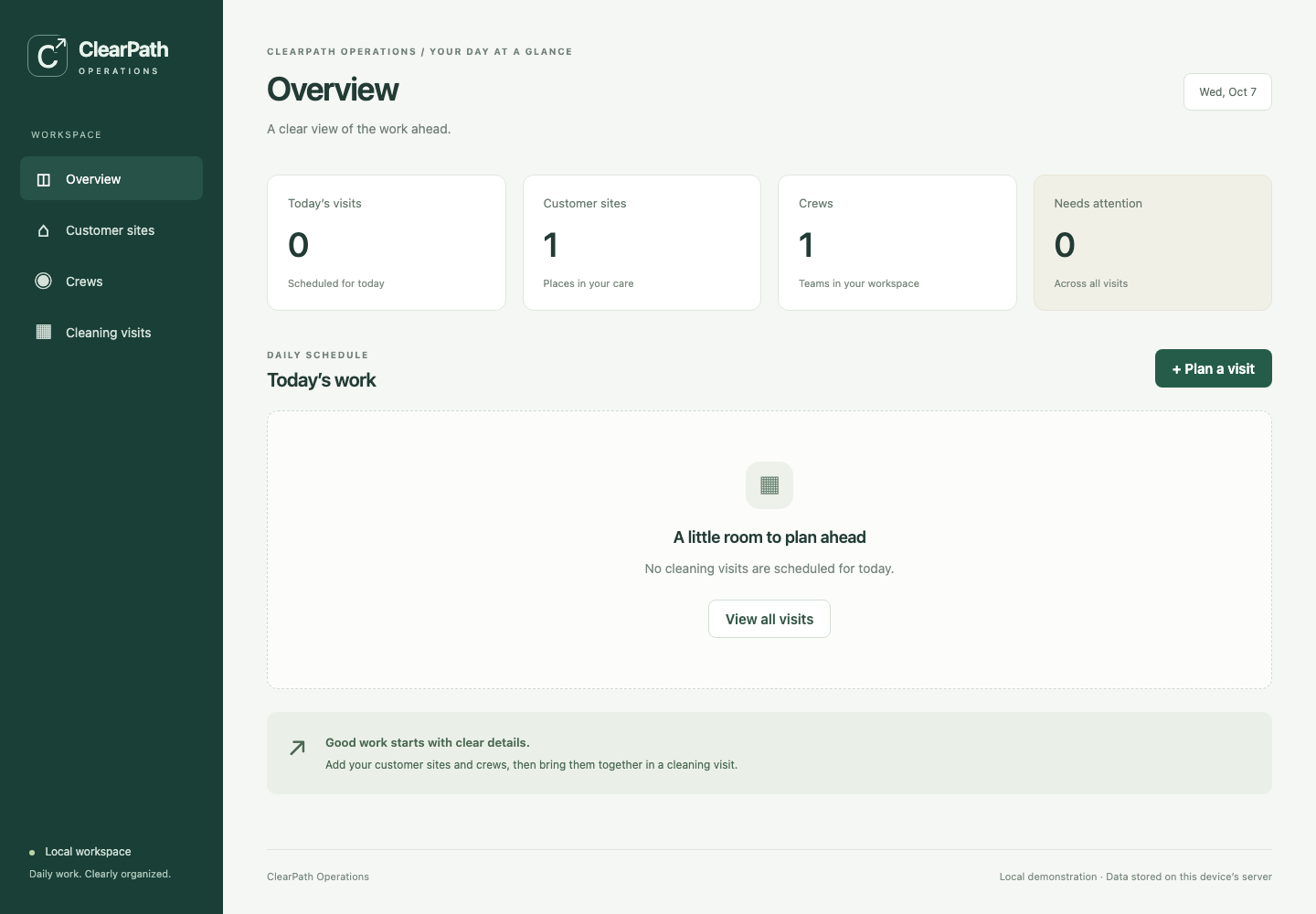 ClearPath dashboard showing sample sites, crews and visits